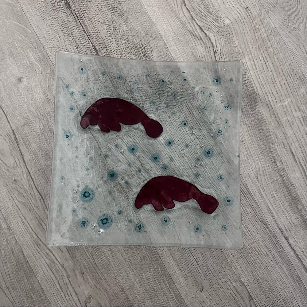 Fused Glass Square Bowl Platter Manatees Florida Artist Signed J Schnabel 2002